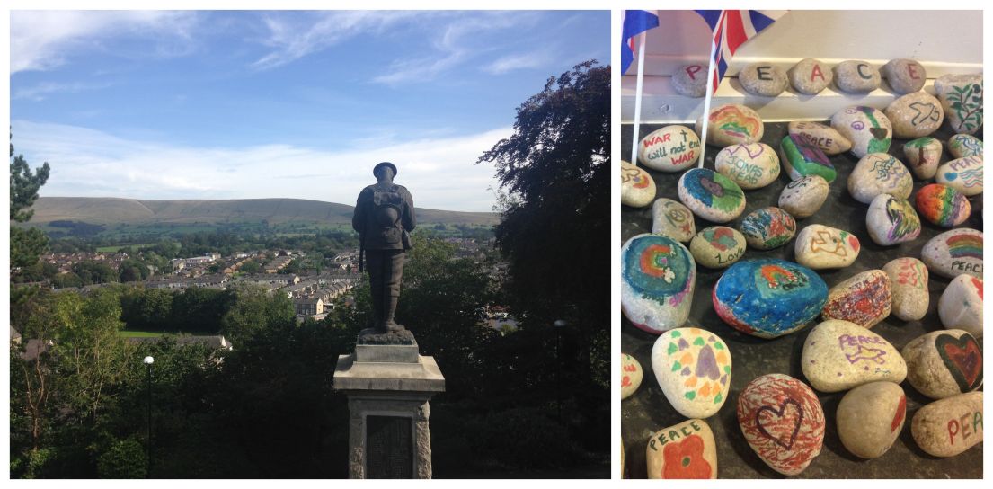 Two images - the left a war memorial statue of a soldier with a scenic background of the town. The right, decorated and painted pebbles.