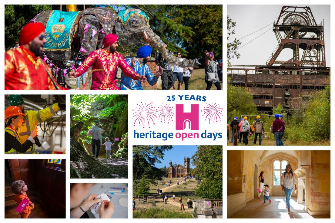 A collage of highlights from the 20219 festival. People walking in woods, around historic houses and hard hat tours