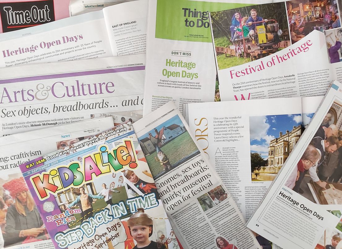Various images of news articles from magazines, newspapers and leaflets which relate to the Heritage Open Days headlines of 2019.